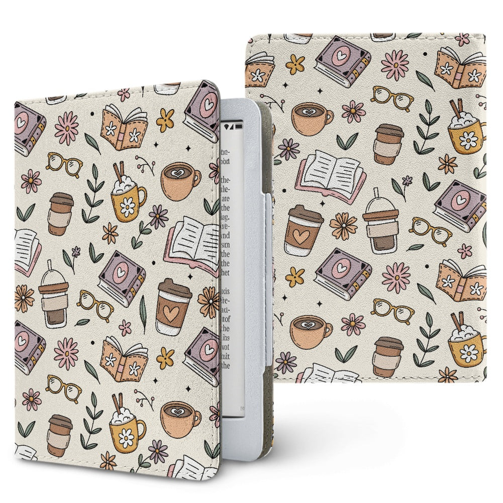Books and coffee bookish vegan leather PU cover for Kindle paperwhite 11th and 12th generation