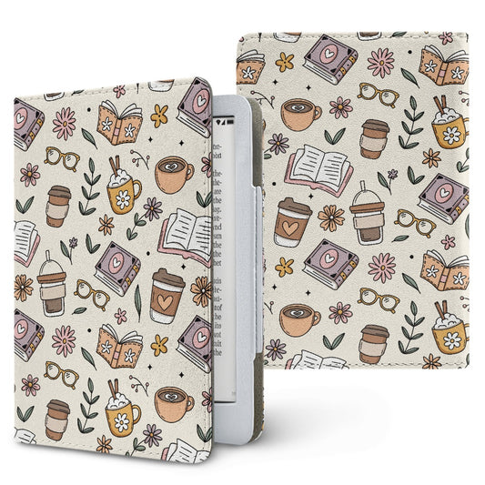 Books and coffee bookish vegan leather PU cover for Kindle paperwhite 11th and 12th generation