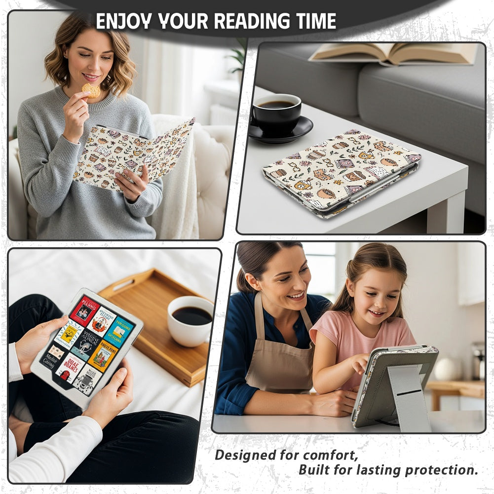 Books and coffee bookish vegan leather PU cover for Kindle paperwhite 11th and 12th generation