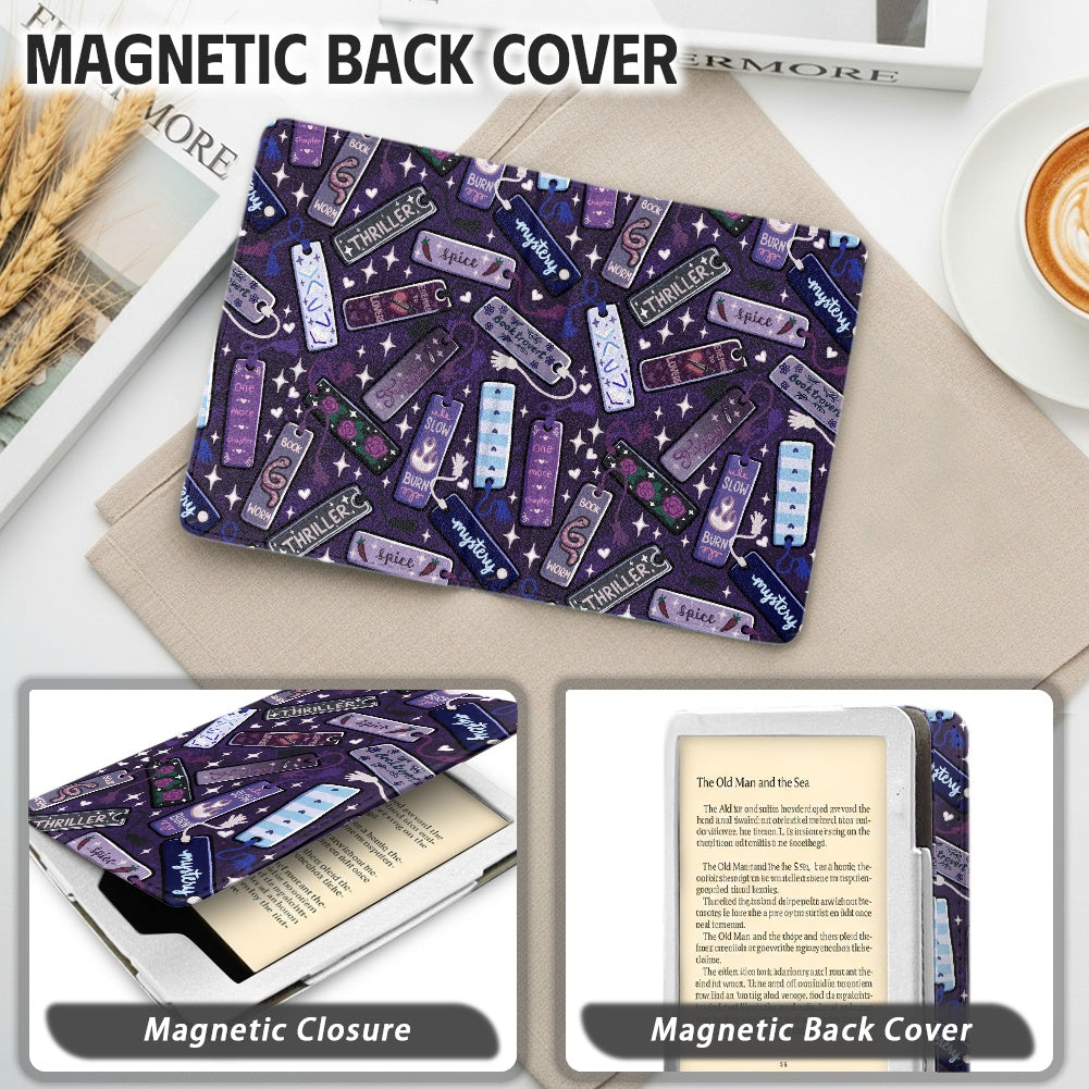 Bookmarks tropes and genres PU cover for Kindle paperwhite 11th 12th gen vegan leather wallet style case