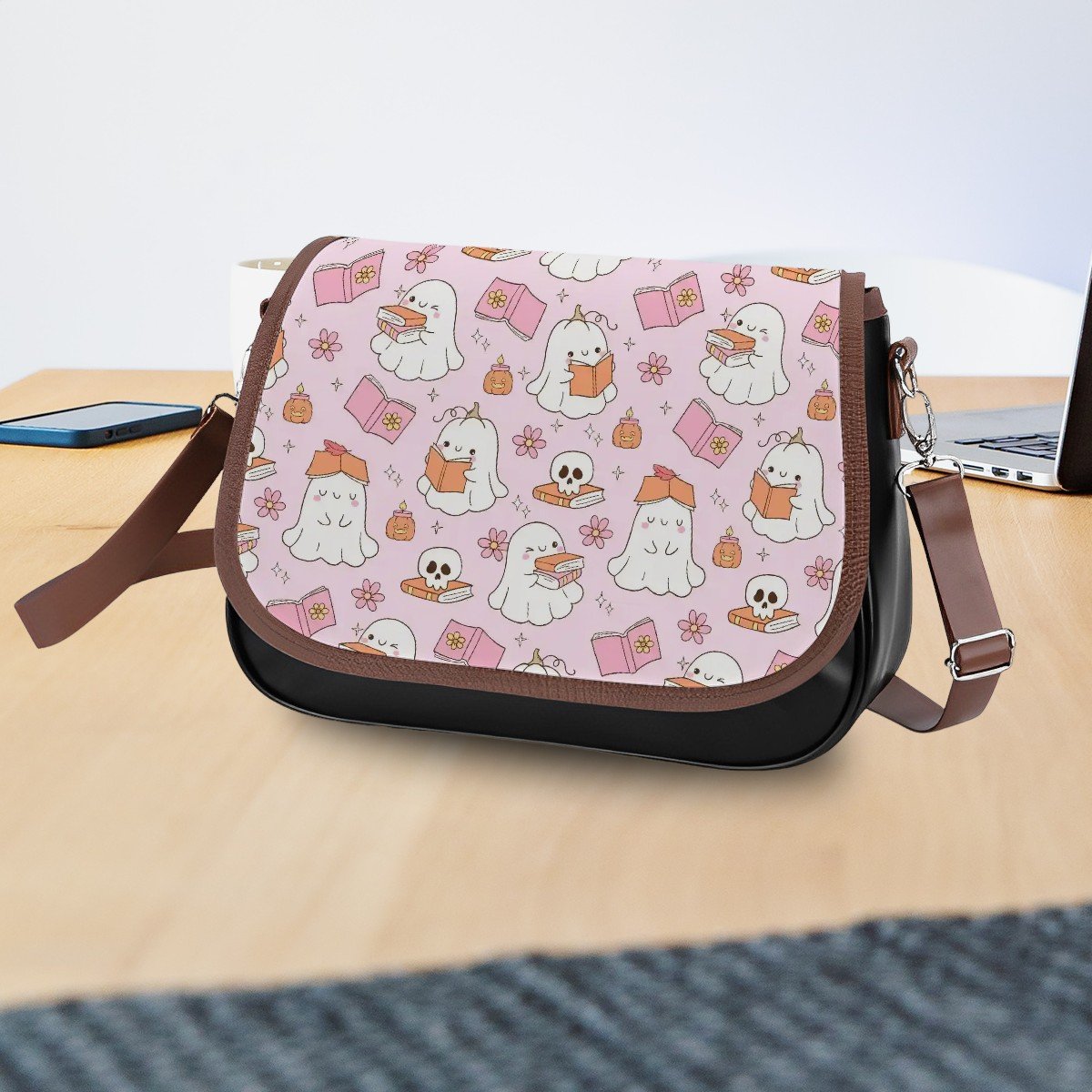 Cute pink reading ghosts vegan Leather Shoulder Bag bookish ghosts handbag