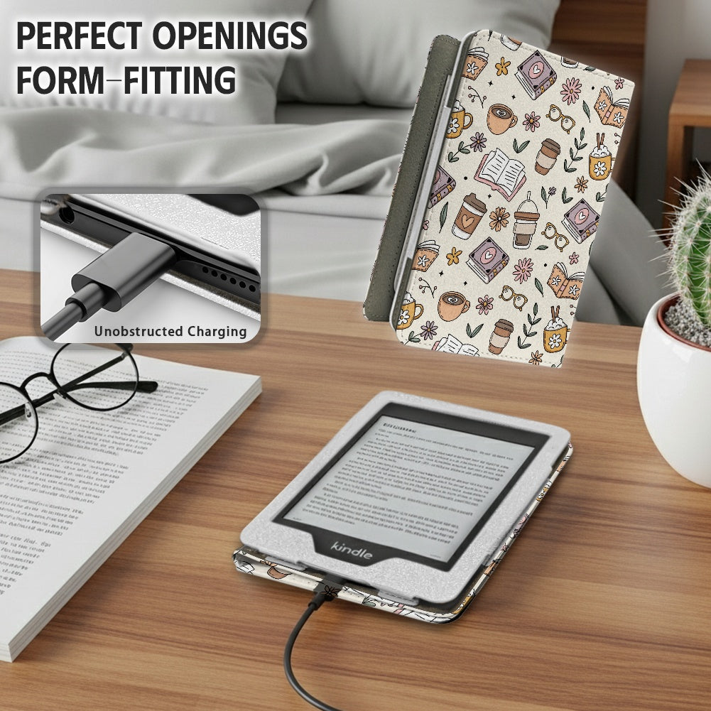 Books and coffee bookish vegan leather PU cover for Kindle paperwhite 11th and 12th generation