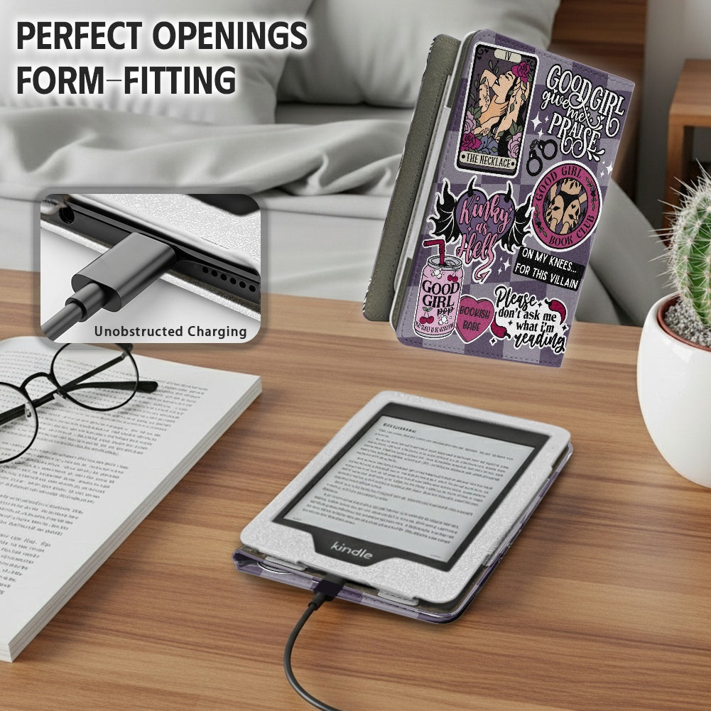 The Good Girl sticker style PU cover for Kindle paperwhite 11th 12th generation wallet style e-reader case in vegan leather