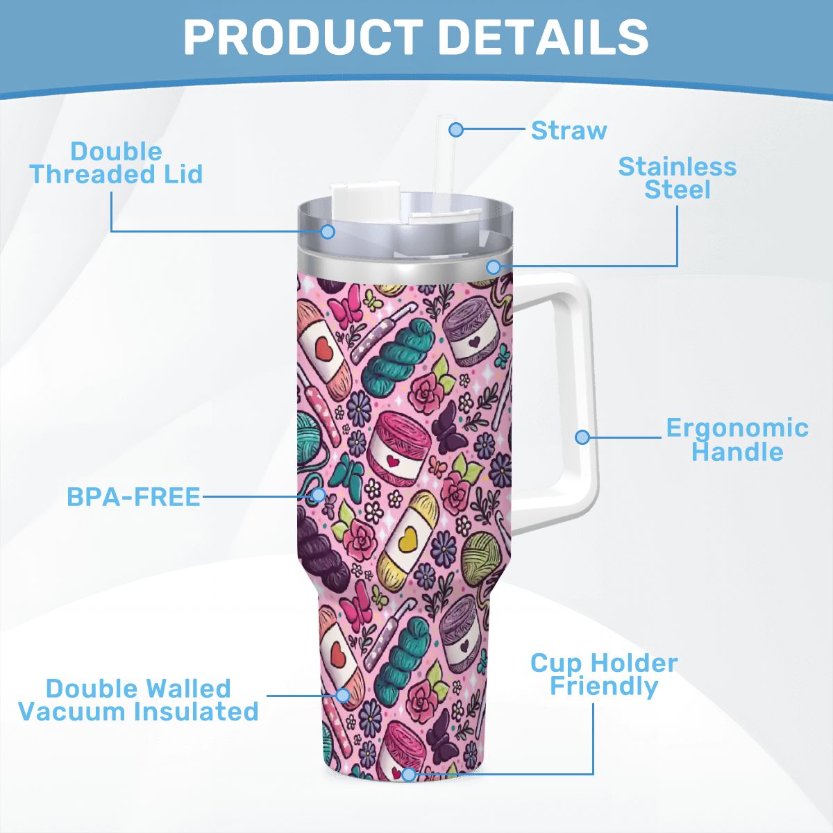 Crochet lover floral travel mug 40oz