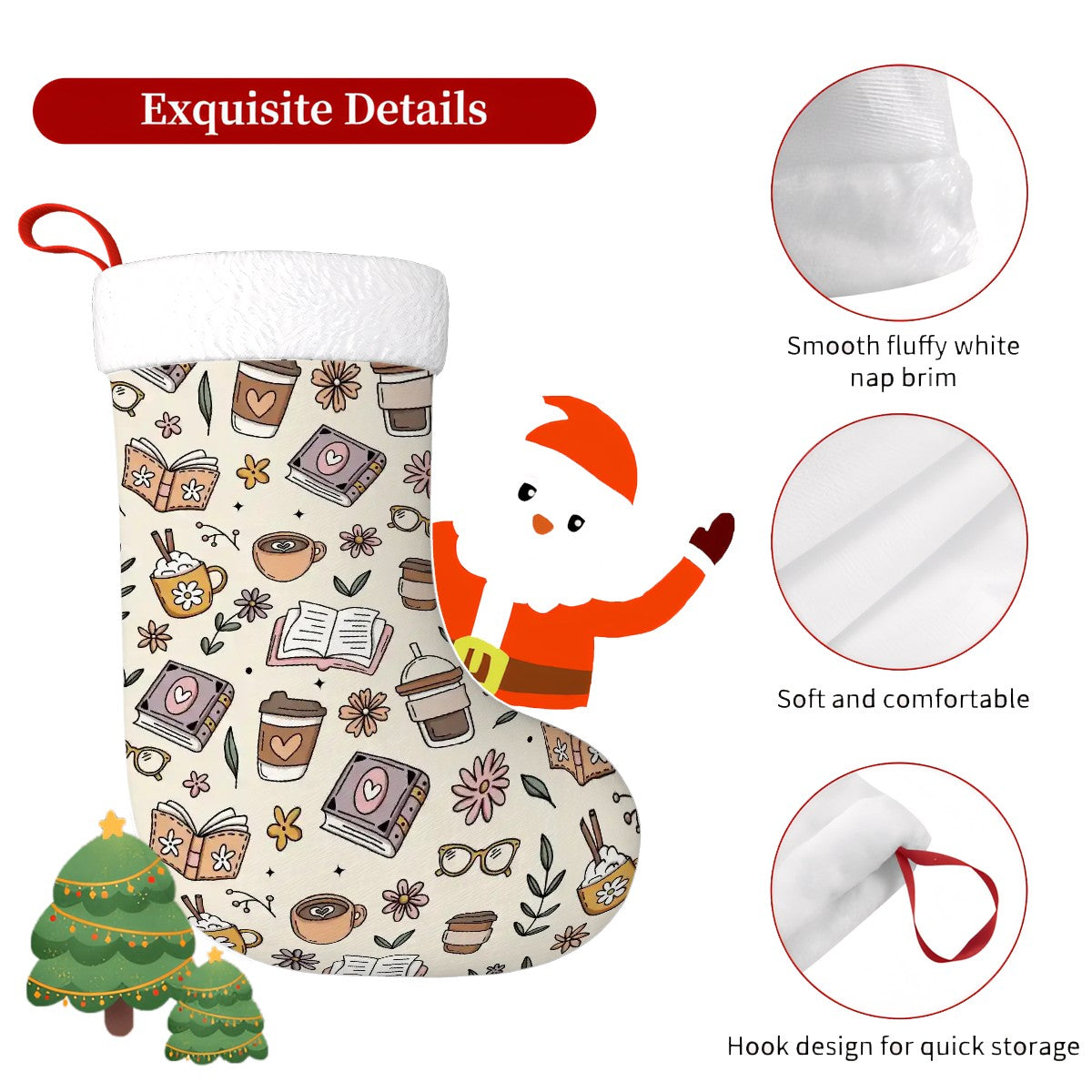 Books and coffee beige reader bookish Plush Christmas Stockings
