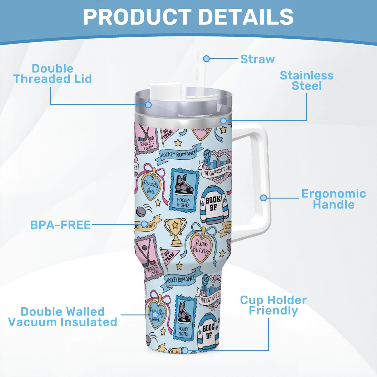 Hockey romance stamps booking 40oz travel mug