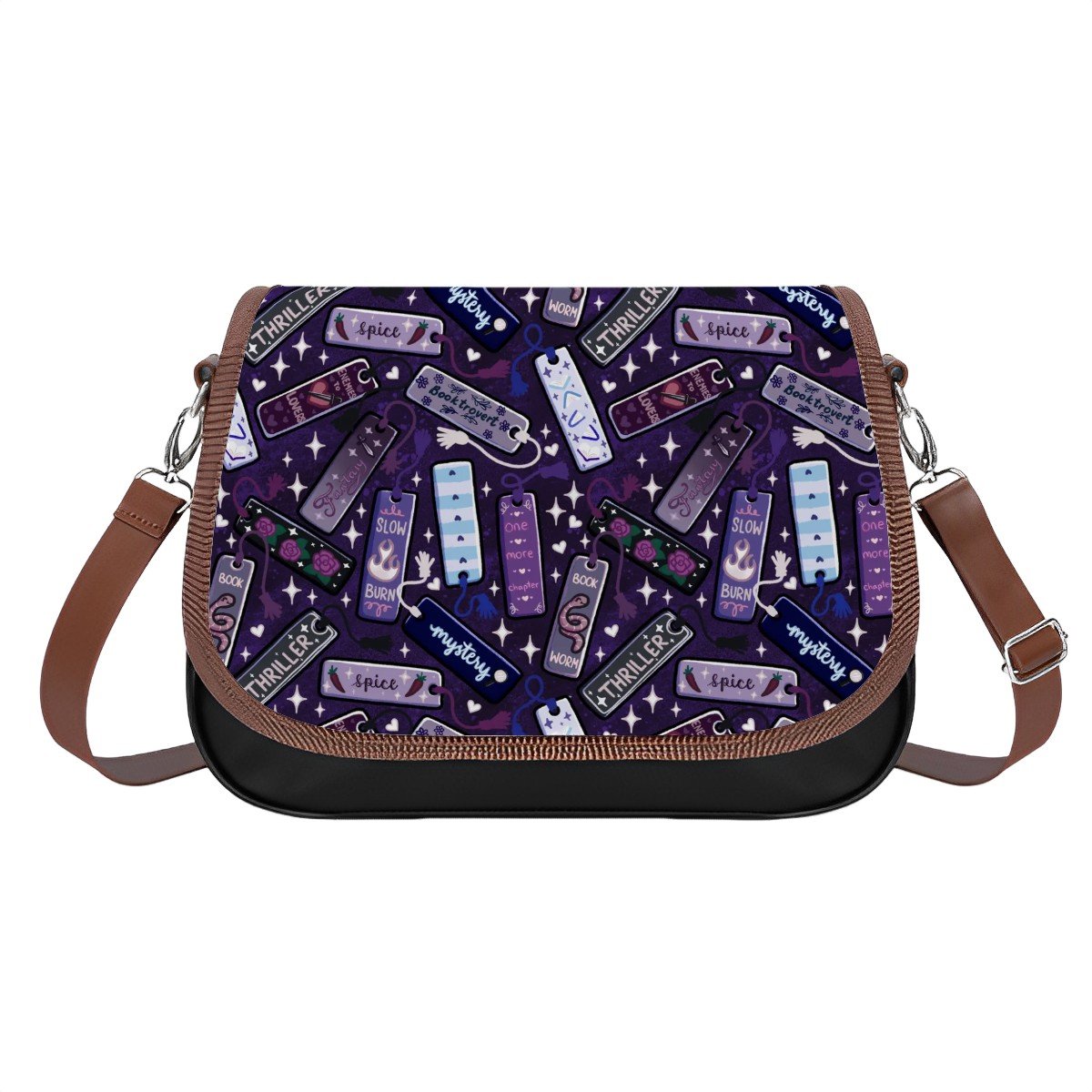 Bookmarks tropes and gentres vegan Leather Shoulder Bag bookish handbag