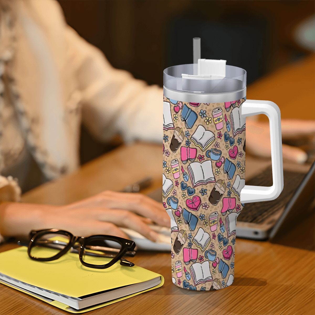 Beige books and coffee bookish 40oz travel mug