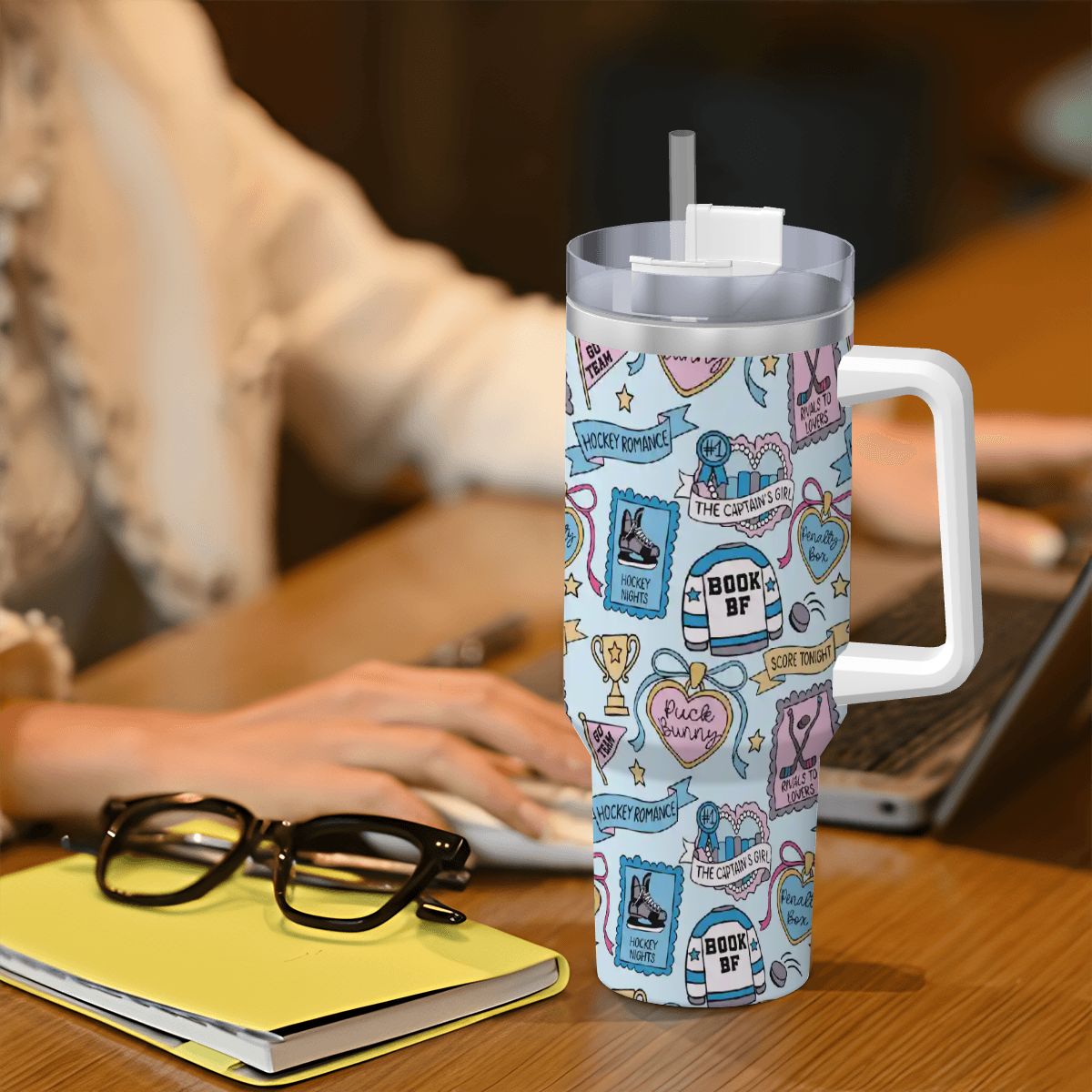 Hockey romance stamps booking 40oz travel mug