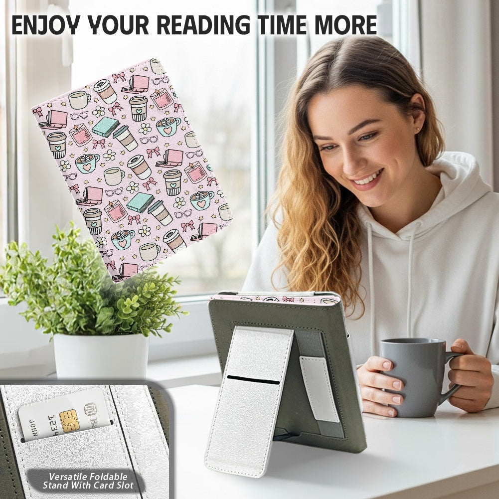 Pink books and coffee bookish PU cover for Kindle