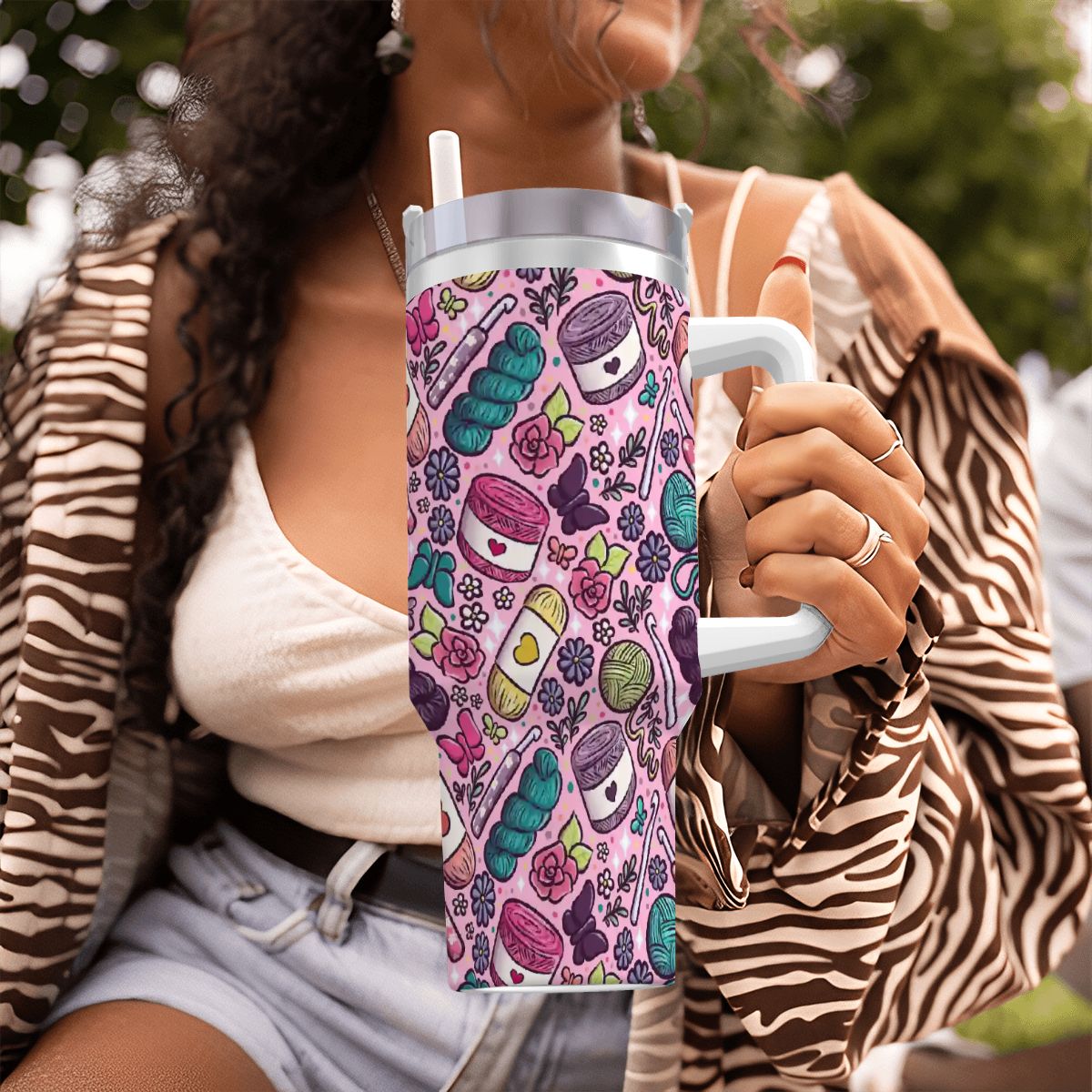 Crochet lover floral travel mug 40oz