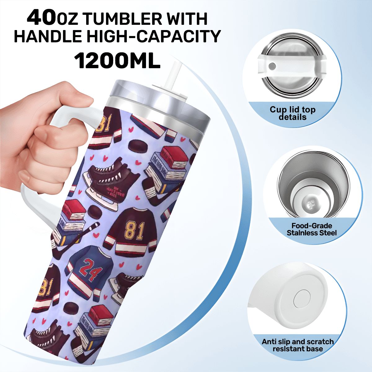 Heated hockey blue bookish 40oz travel mug