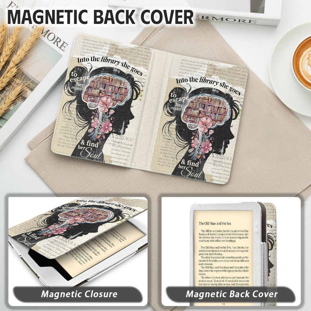 Into the library she goes PU cover for Kindle paperwhite 11th 12th gen vegan leather wallet style case