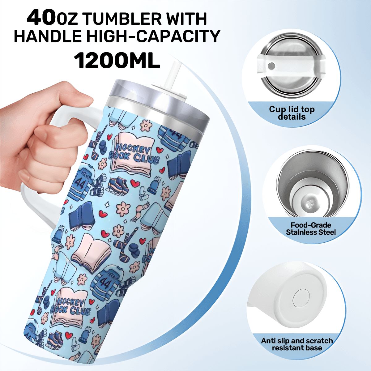 Catroon hockey romance bookish 40oz travel mug