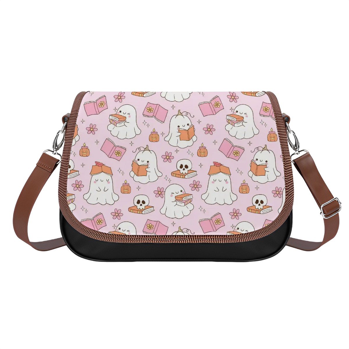 Cute pink reading ghosts vegan Leather Shoulder Bag bookish ghosts handbag