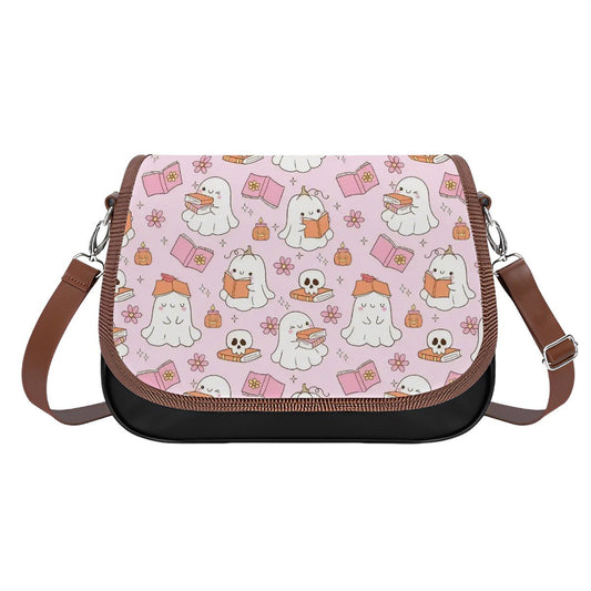 Cute pink reading ghosts vegan Leather Shoulder Bag bookish ghosts handbag