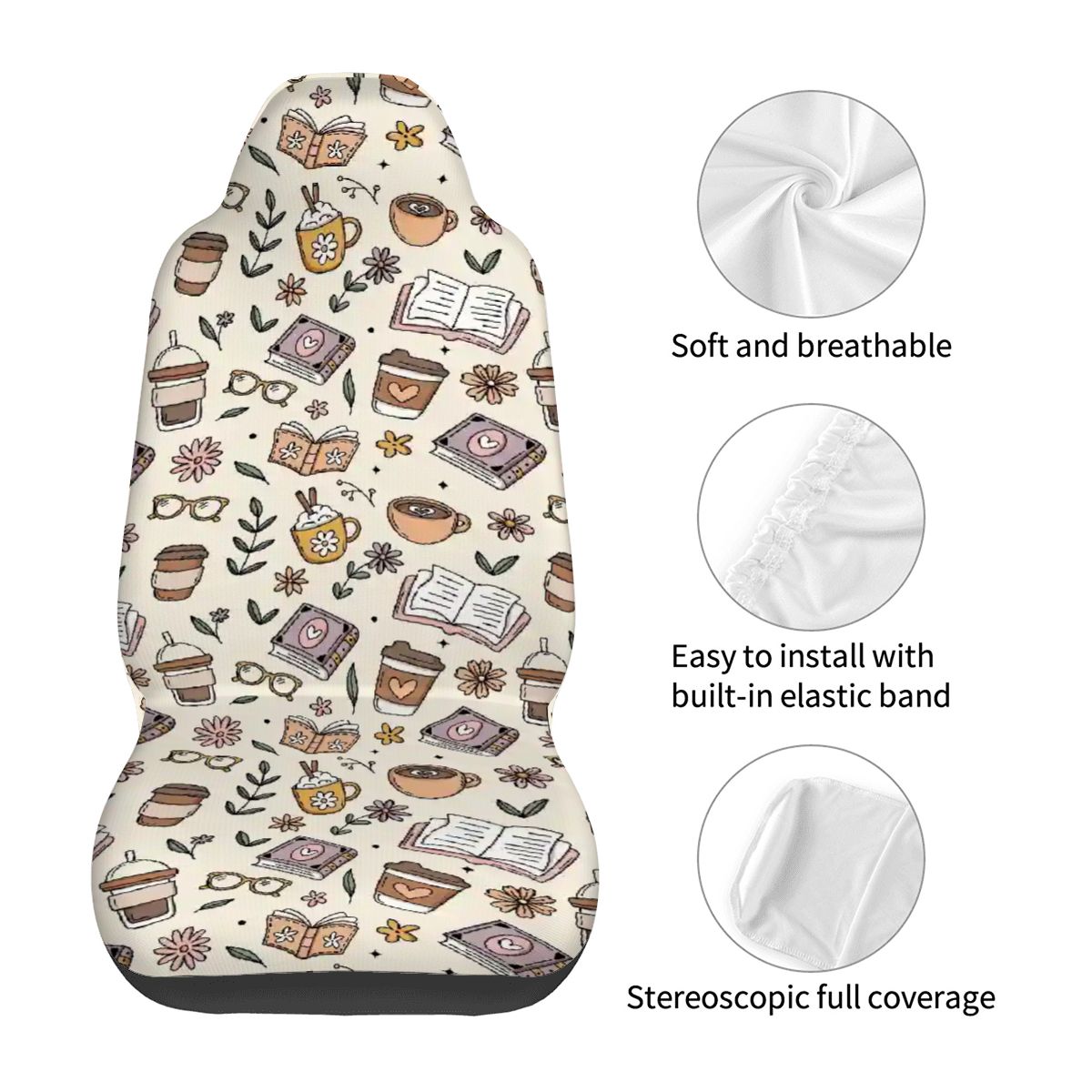 Beige books and coffee bookish Car Front Seat Covers