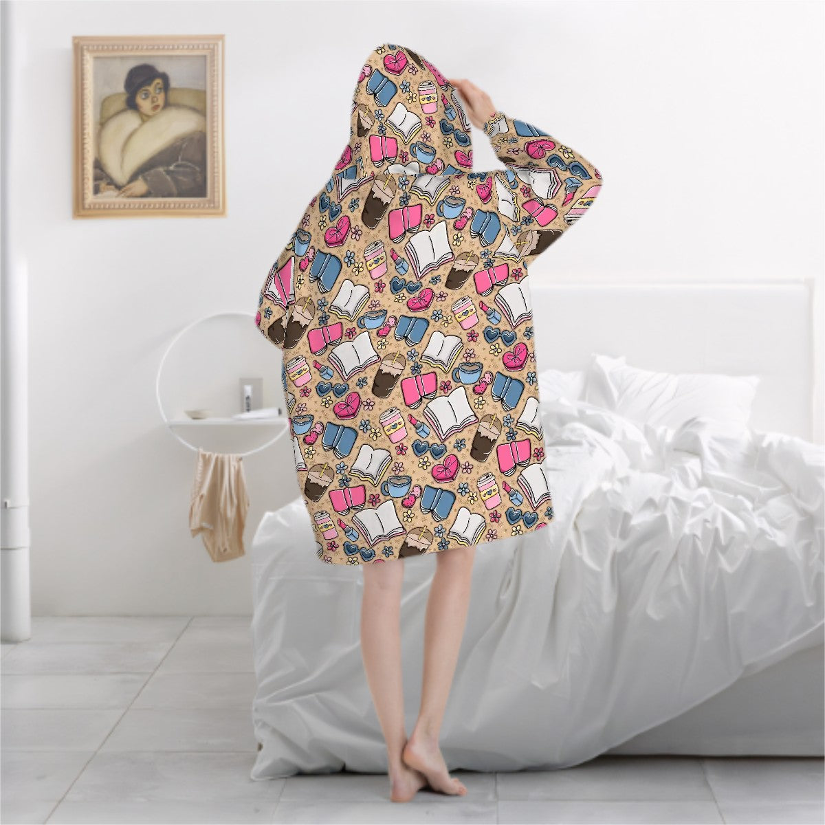 Beige books and coffee bookish hooded blanket