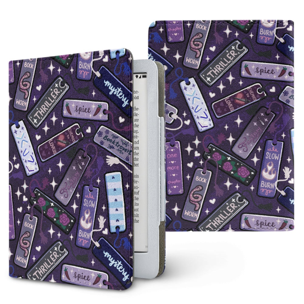 Bookmarks tropes and genres PU cover for Kindle paperwhite 11th 12th gen vegan leather wallet style case