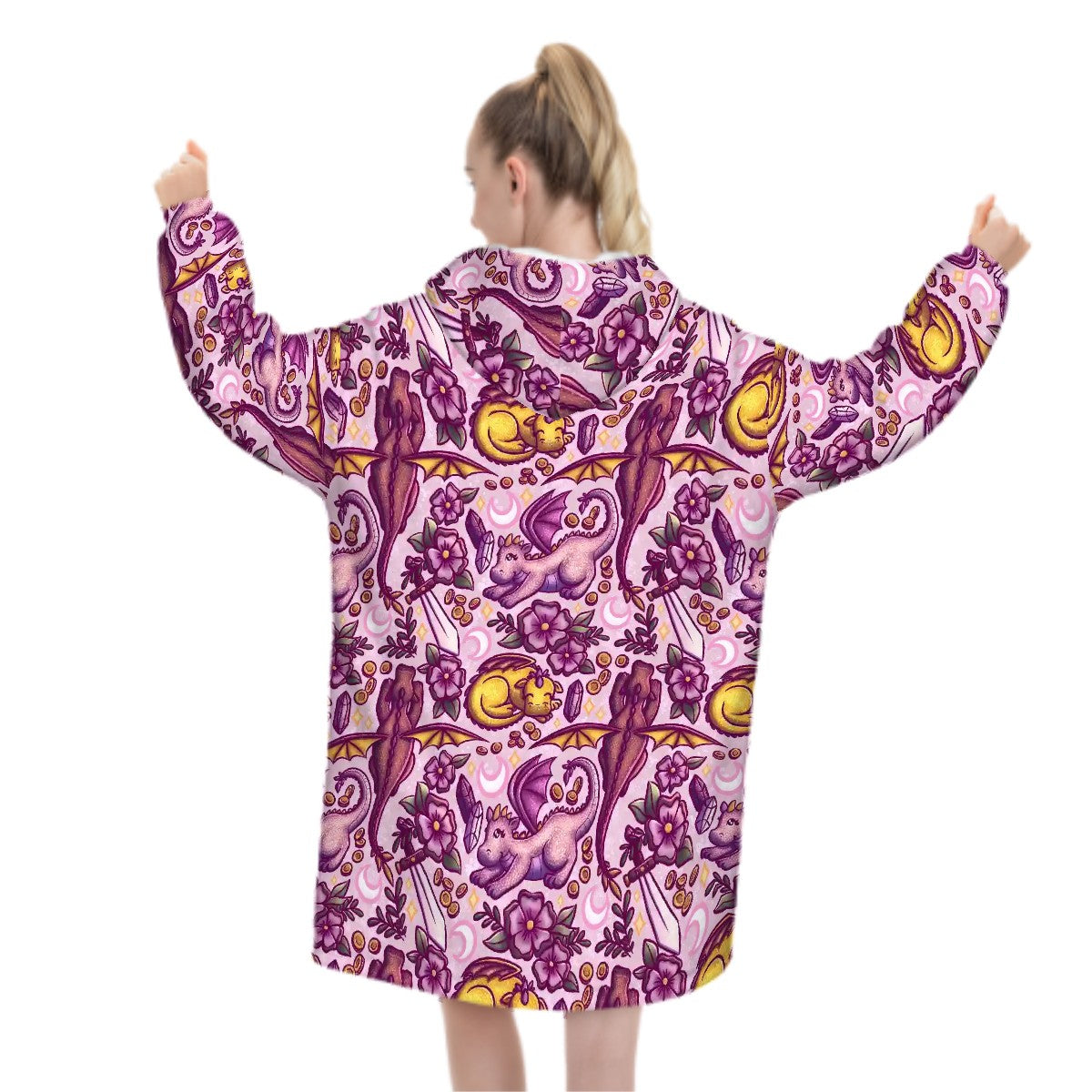 Pink dragons and swords bookish hooded blanket
