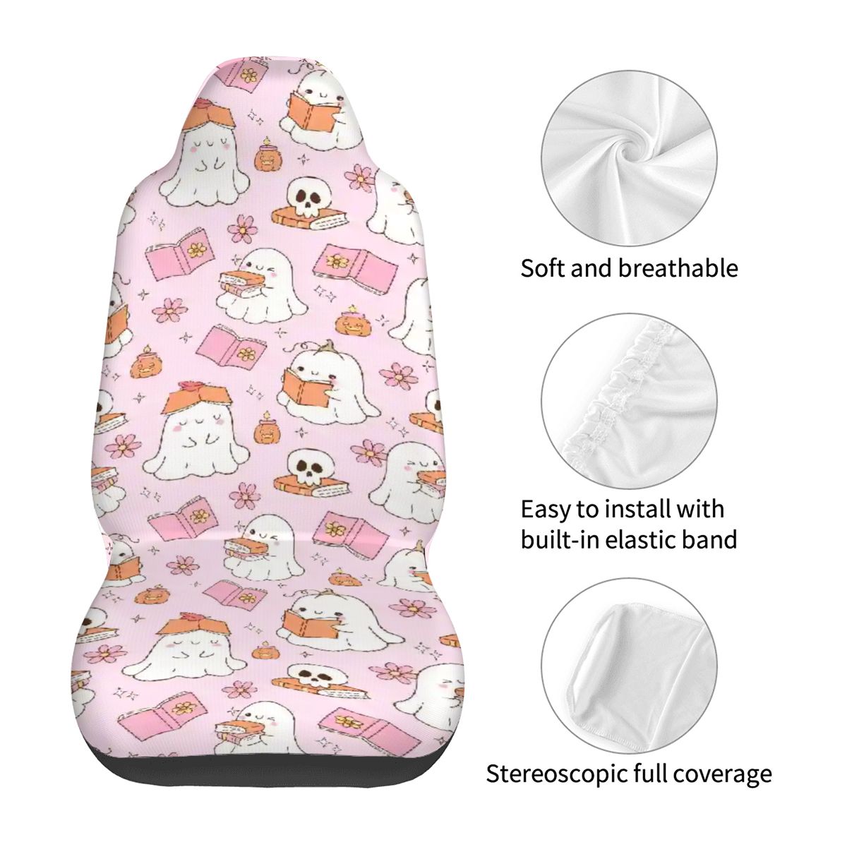 Cute pink bookish ghosts Car Front Seat Covers