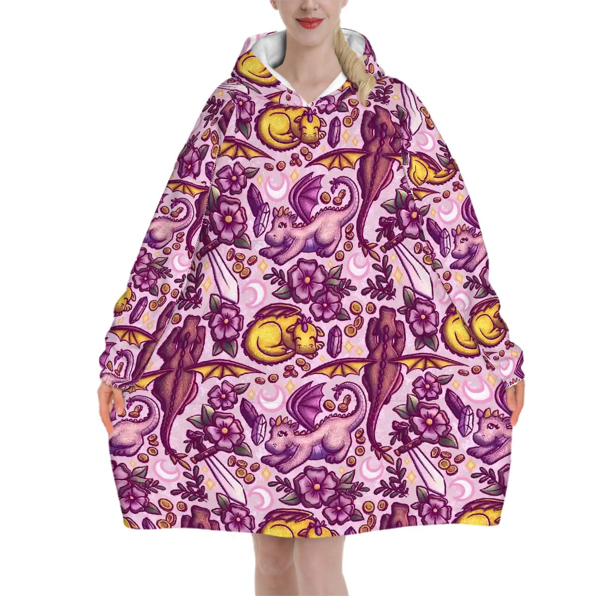 Pink dragons and swords bookish hooded blanket
