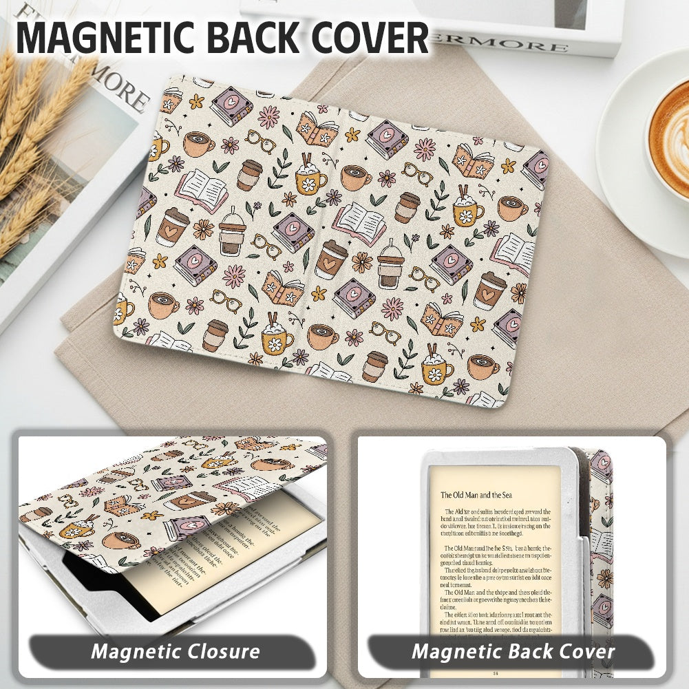 Books and coffee bookish vegan leather PU cover for Kindle paperwhite 11th and 12th generation