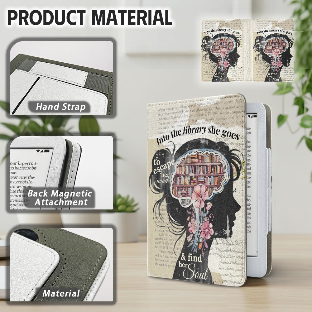 Into the library she goes PU cover for Kindle paperwhite 11th 12th gen vegan leather wallet style case