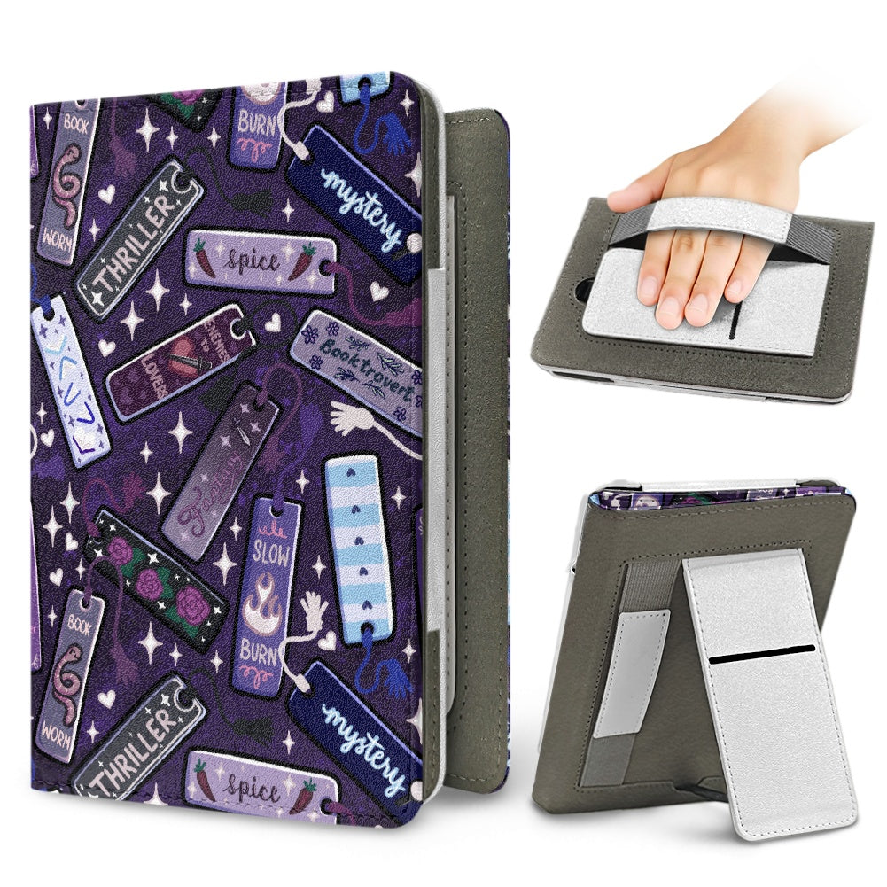 Bookmarks tropes and genres PU cover for Kindle paperwhite 11th 12th gen vegan leather wallet style case
