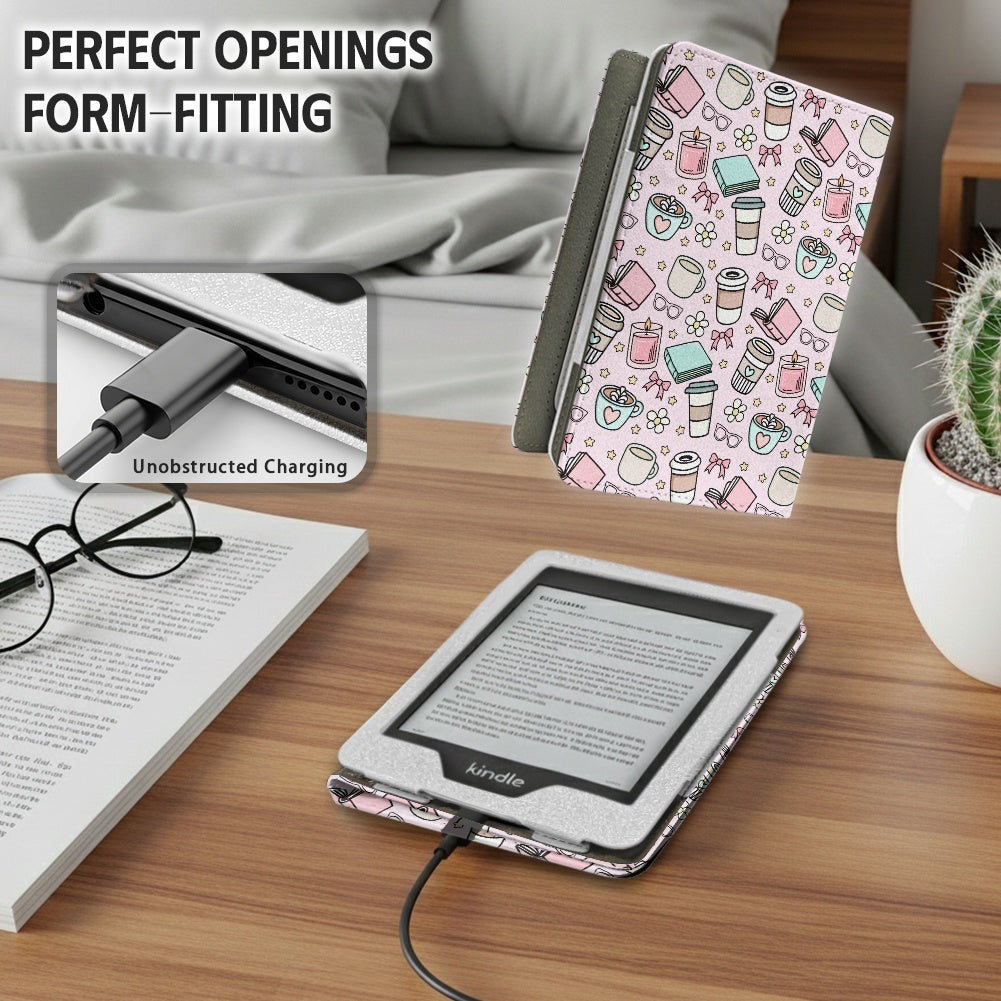 Pink books and coffee bookish PU cover for Kindle