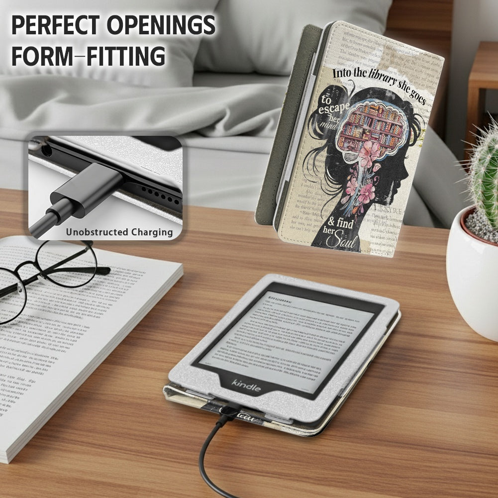 Into the library she goes PU cover for Kindle paperwhite 11th 12th gen vegan leather wallet style case