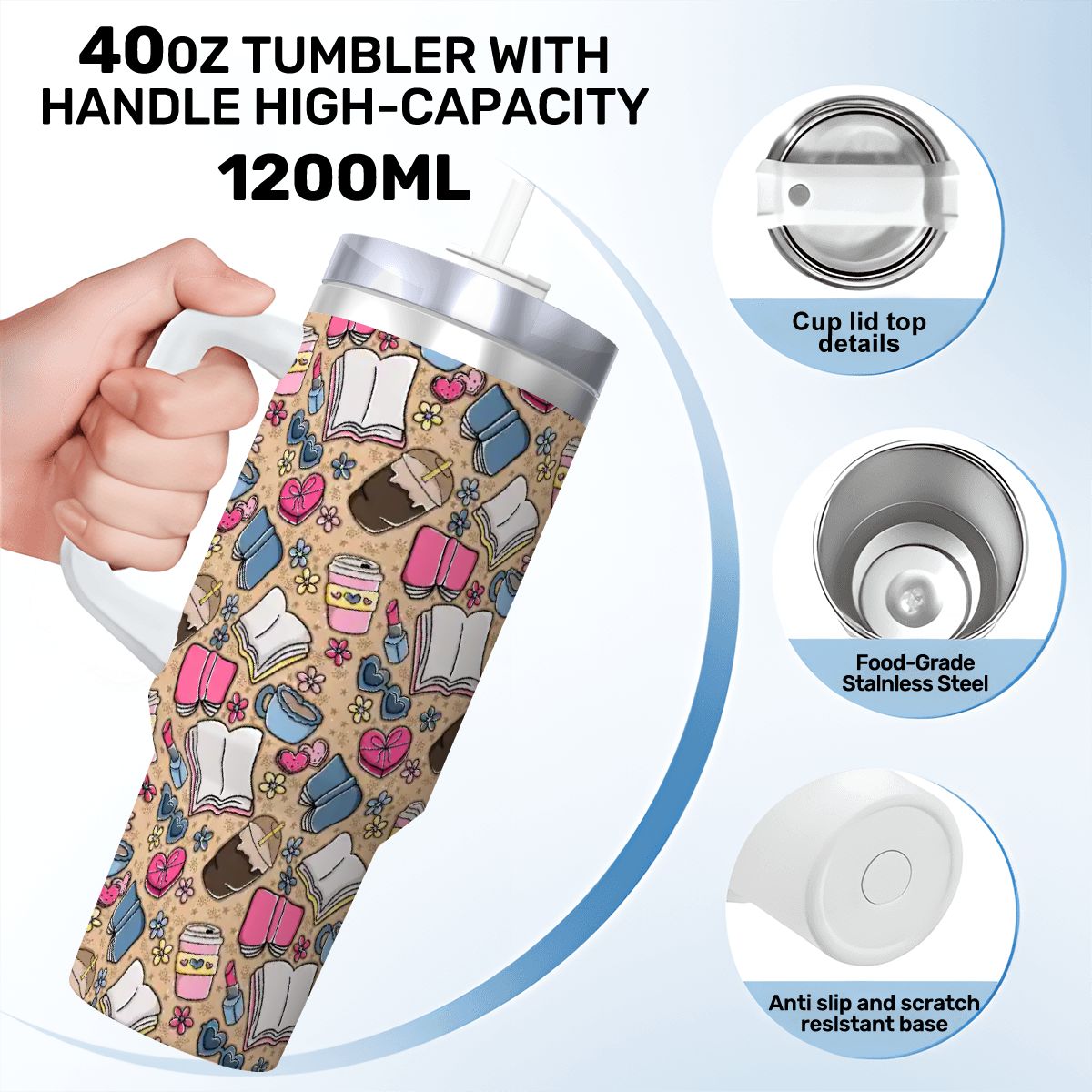 Beige books and coffee bookish 40oz travel mug