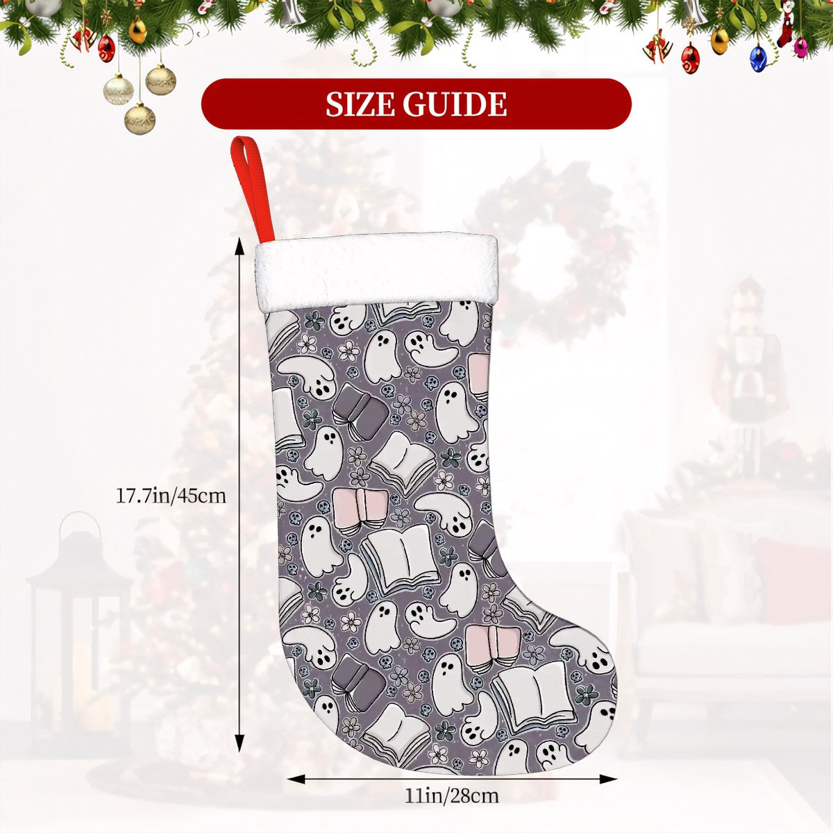 Cartoon book ghosts bookish christmas stocking