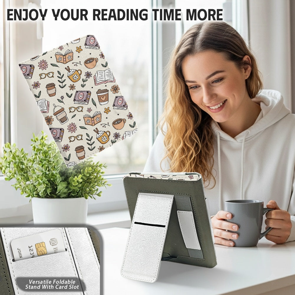 Books and coffee bookish vegan leather PU cover for Kindle paperwhite 11th and 12th generation