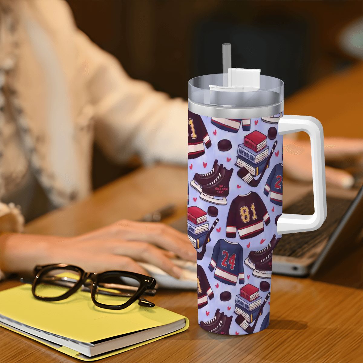 Heated hockey blue bookish 40oz travel mug