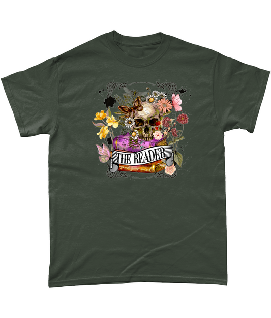 The reader skull and flowers t-shirt