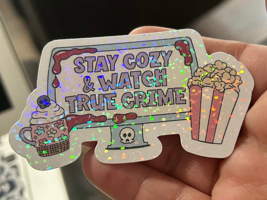 Stay cozy and watch true crime sparkly or glossy sticker bookish book lover reader sticker for kindle, kindle decal decoration,