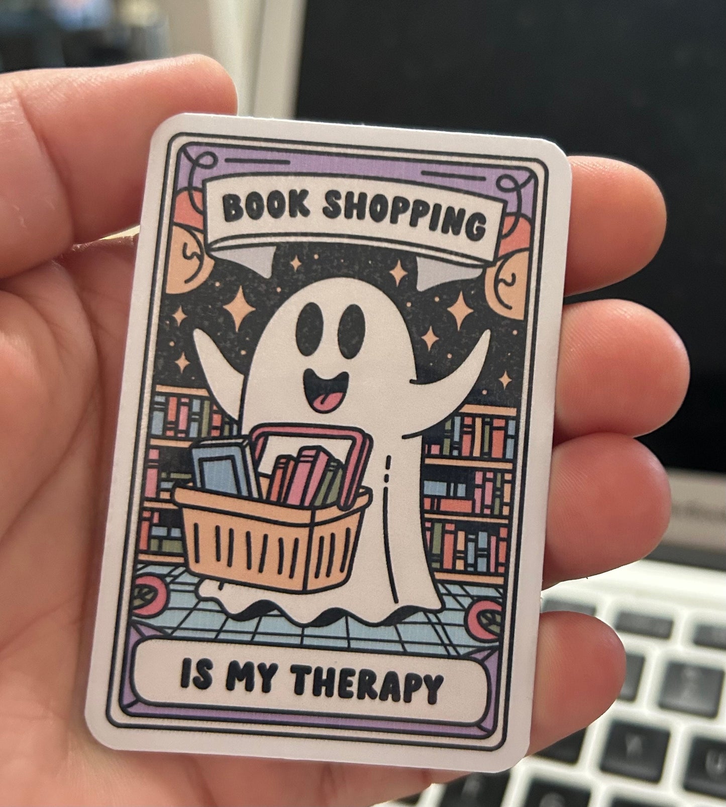 Book shopping is my therapy cute bookish ghost glossy sticker bookish book lover reader sticker for kindle, kindle decal decoration,