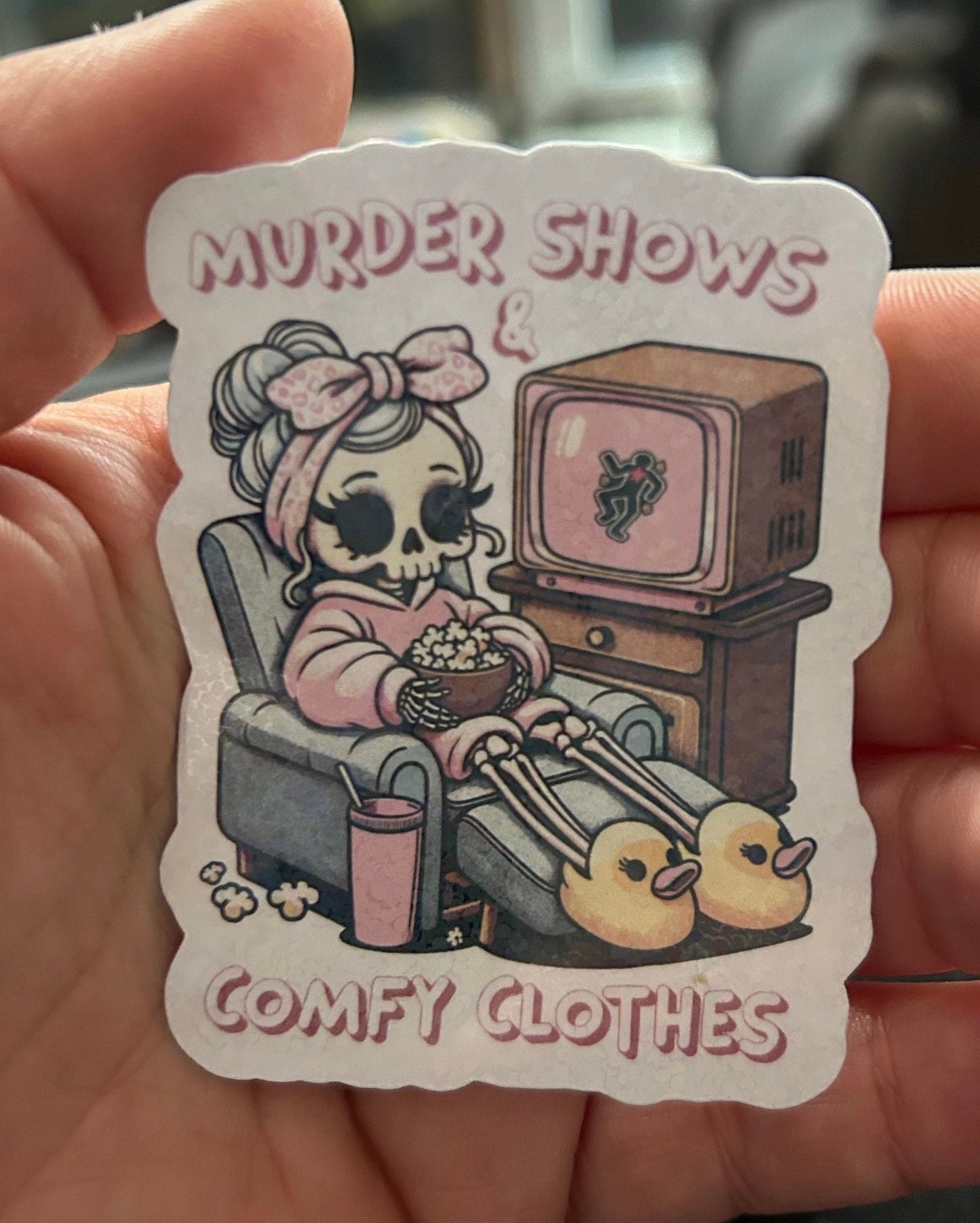 Murder shows and comfy clothes sparkly or glossy sticker bookish book lover reader sticker for kindle, kindle decal decoration,