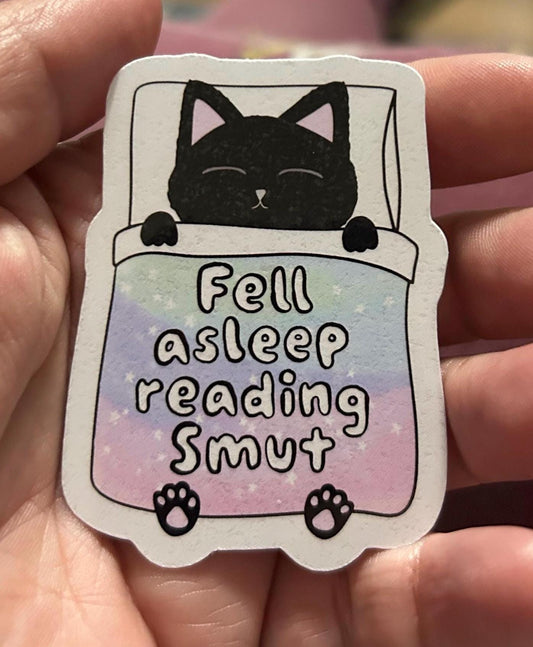 Fell asleep reading smut cat trope glossy sticker bookish book lover reader sticker for kindle, kindle decal decoration,