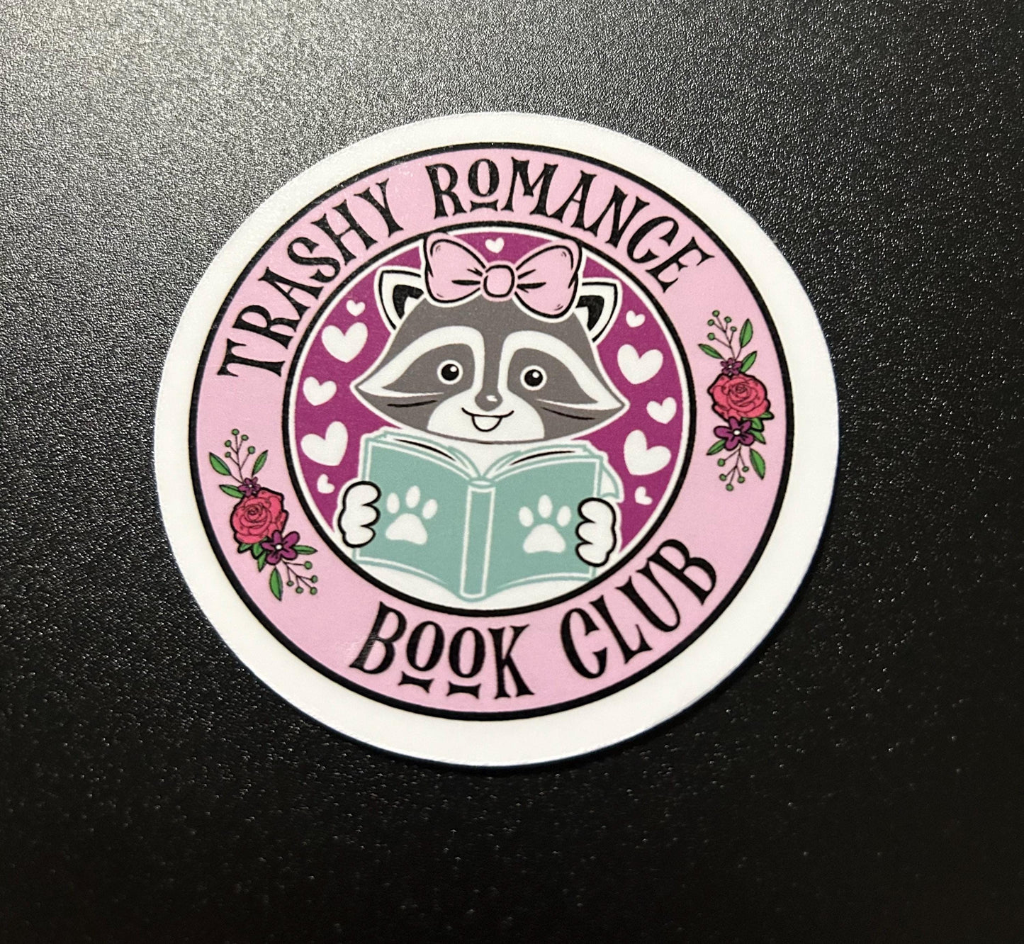 Trash romance book club raccoon reader sparkle or glossy sticker bookish book lover reader sticker for kindle, kindle decal decoration