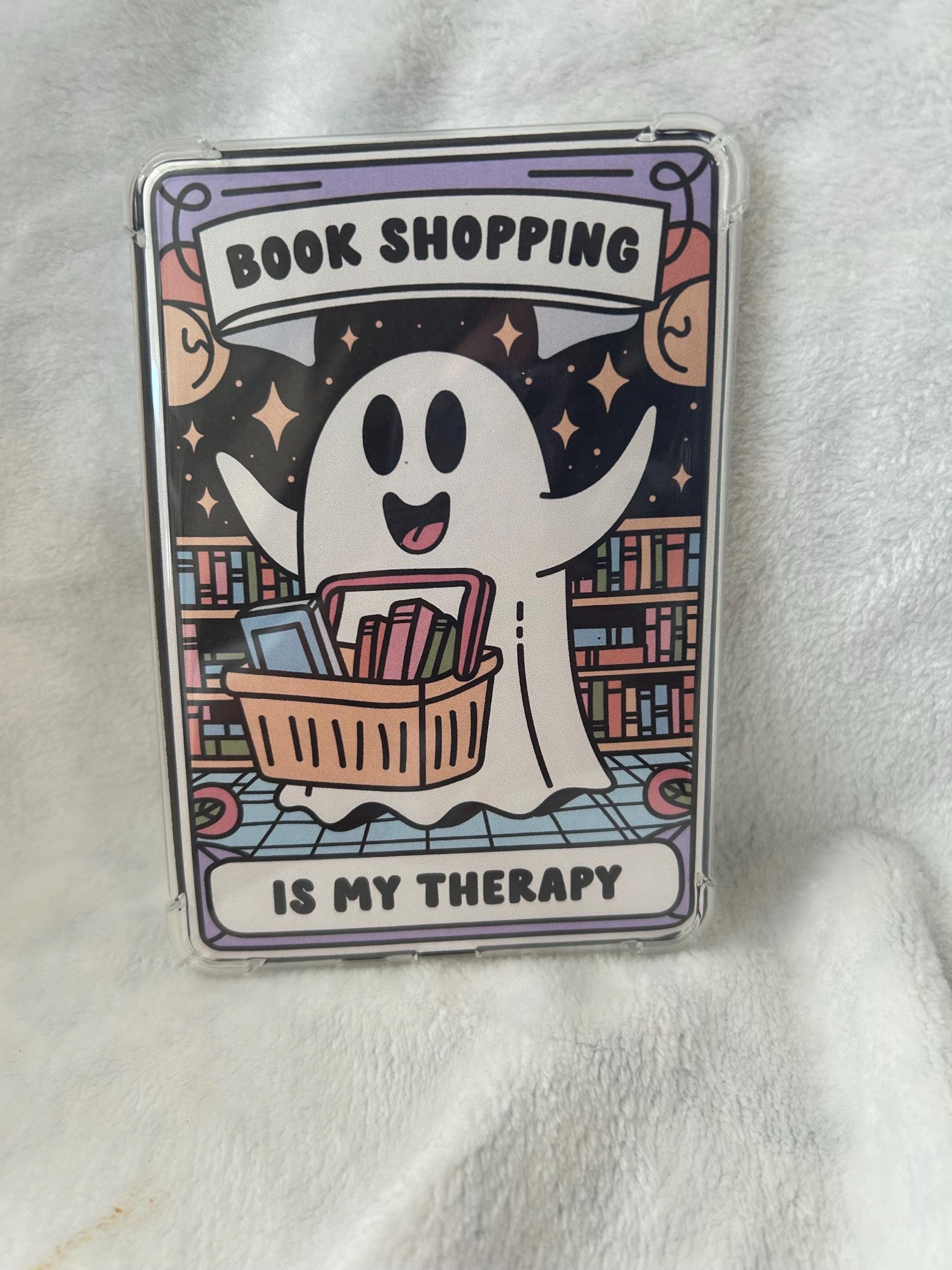 Book shopping is my therapy cute ghost kindle e reader insert card for clear case, kindle accessory decoration, kindle, paperwhite, oasis