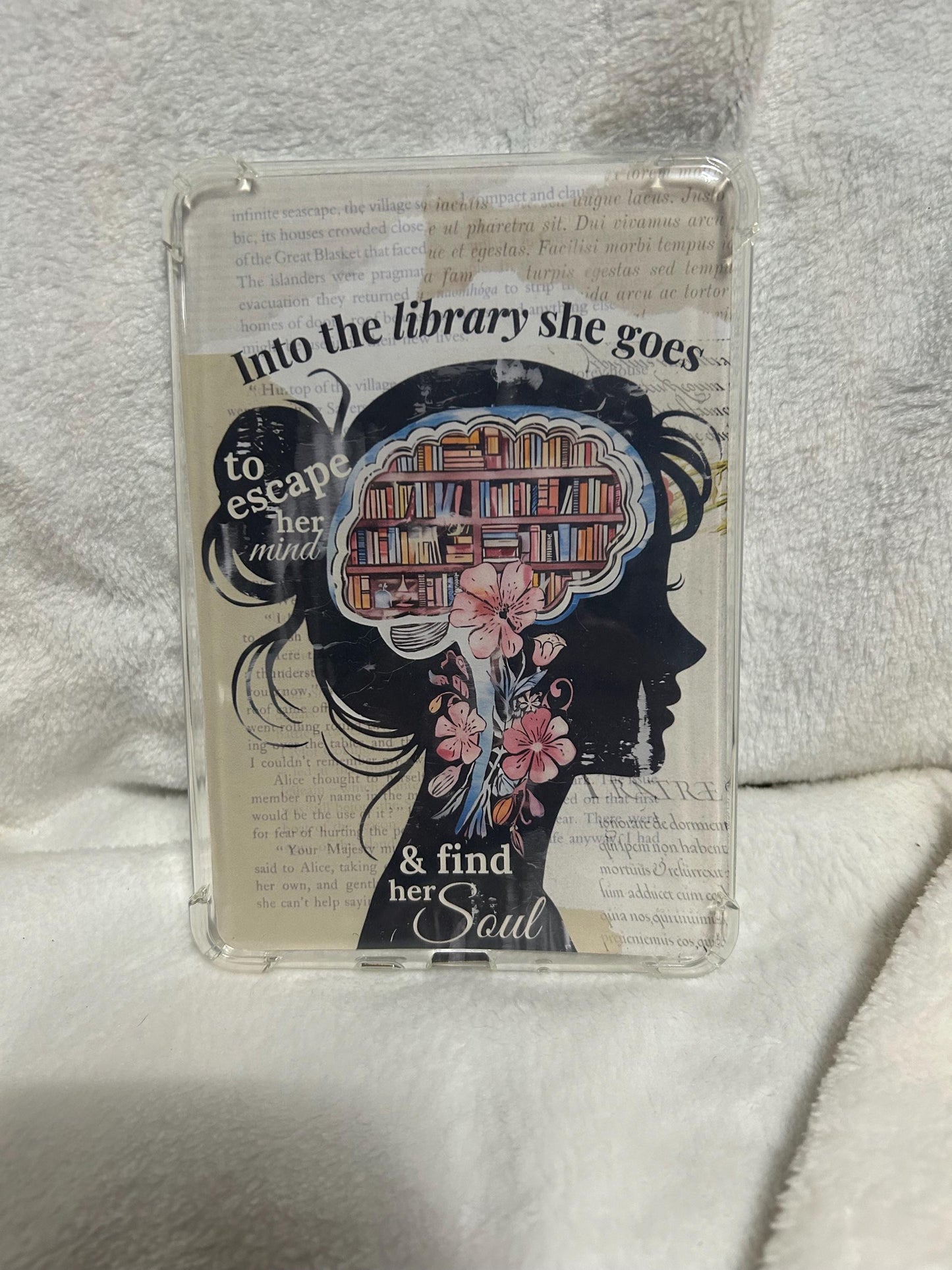 Into the library she goes to escape her mind kindle e reader insert card for clear case, kindle accessory decoration, kindle, paperwhite