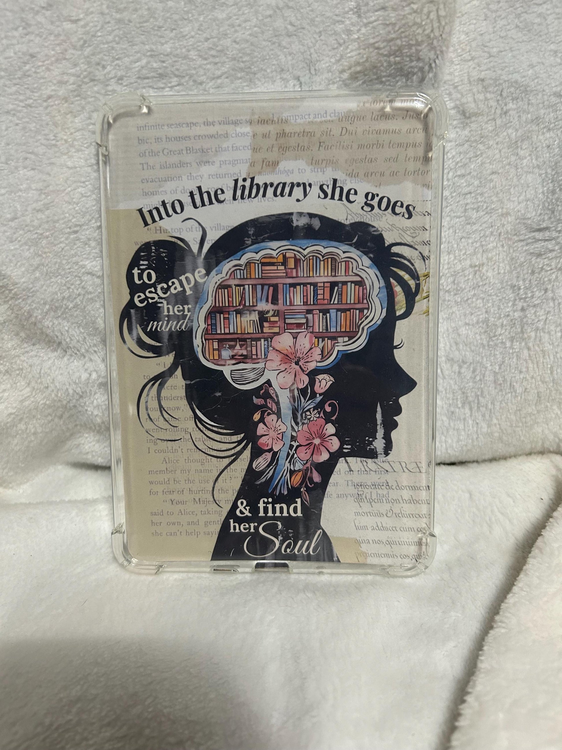 Into the library she goes to escape her mind kindle e reader insert card for clear case, kindle accessory decoration, kindle, paperwhite