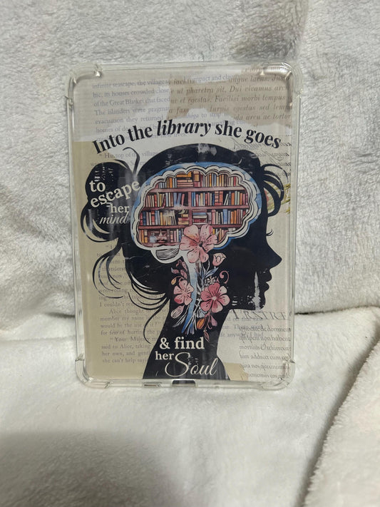 Into the library she goes to escape her mind kindle e reader insert card for clear case, kindle accessory decoration, kindle, paperwhite